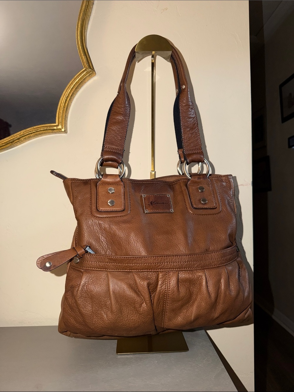 b. makowsky Cognac Brown Leather Shoulder Tote with Ring Details